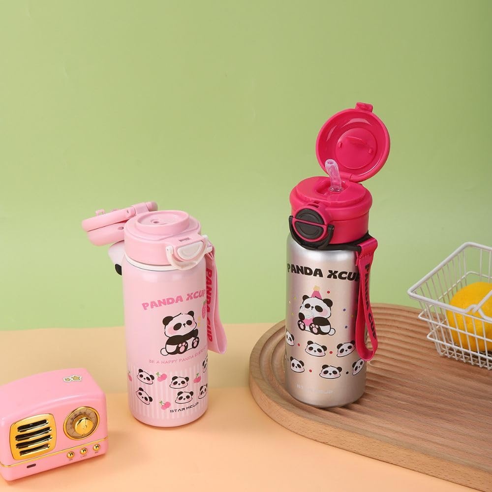 Pink panda stainless steel drinks bottle for kids ages 3+, ideal for school or outdoor activities