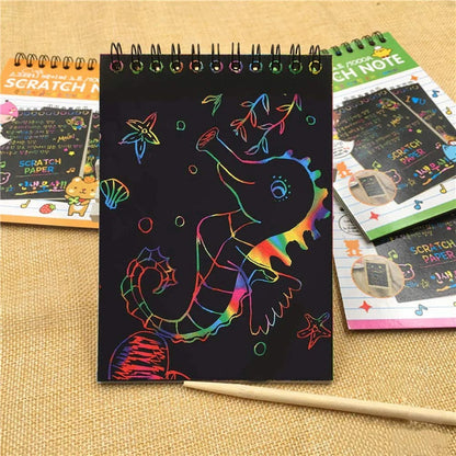 NIYO TOYS colorful sea horse scratch art notebook return gift with wooden stylus on burlap background