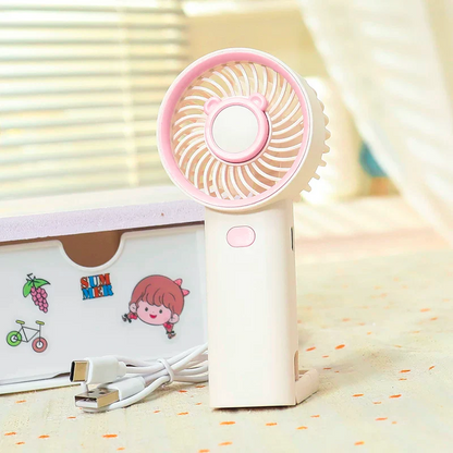 NIYO TOYS rechargeable fan in pink and white, perfect for kids, portable for summer use