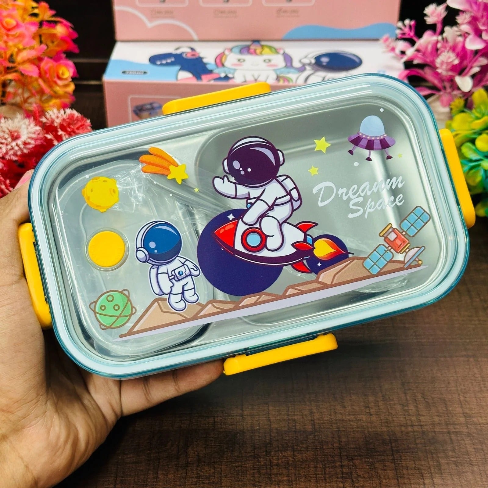 2-Grid Stainless Steel Lunch Box – Unicorn, Space, and Dino Themes 🦄🚀🦖 NIYO TOYS