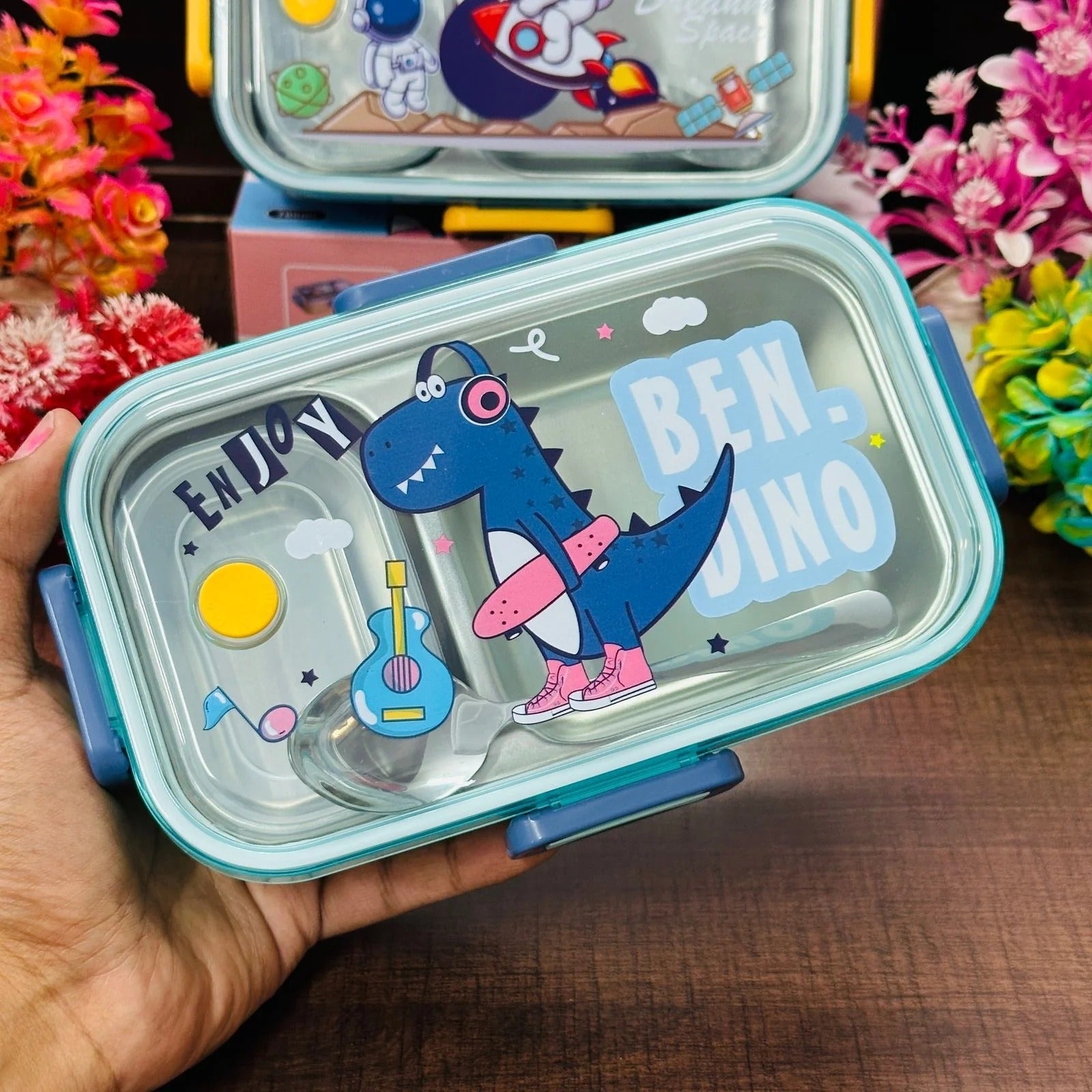 2-Grid Stainless Steel Lunch Box – Unicorn, Space, and Dino Themes 🦄🚀🦖 NIYO TOYS