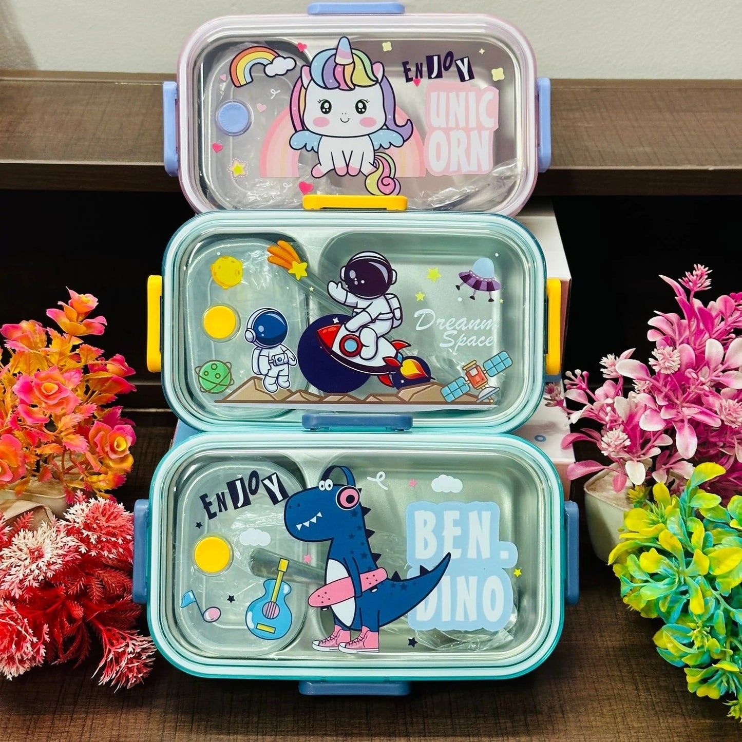 2-Grid Stainless Steel Lunch Box – Unicorn, Space, and Dino Themes 🦄🚀🦖 NIYO TOYS