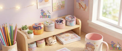 Cute metal pencil sharpener displayed on a shelf with colorful stationery and art supplies