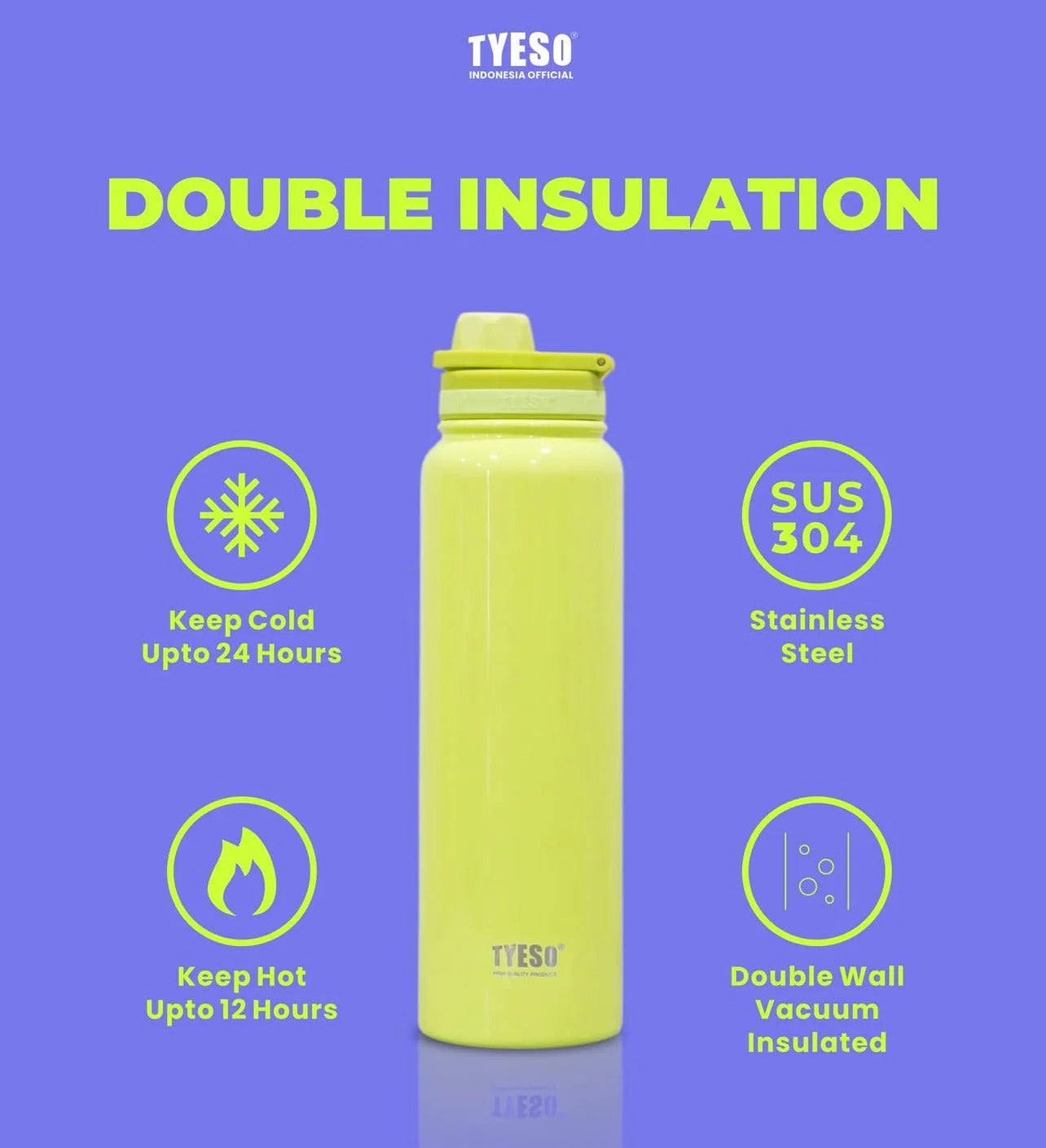 Insulated stainless steel water bottle in bright yellow, designed for kids and adults, keeps drinks cold or hot