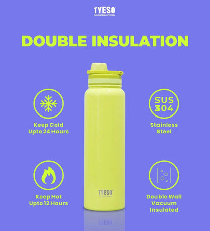 Insulated stainless steel water bottle in bright yellow, designed for kids and adults, keeps drinks cold or hot