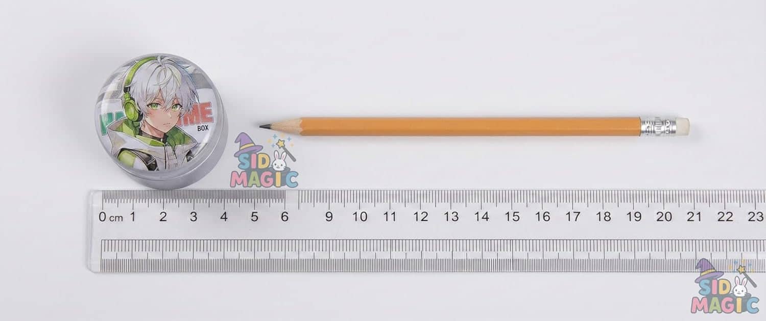 Cute metal pencil sharpener featuring a character design with a wooden pencil and ruler for size reference