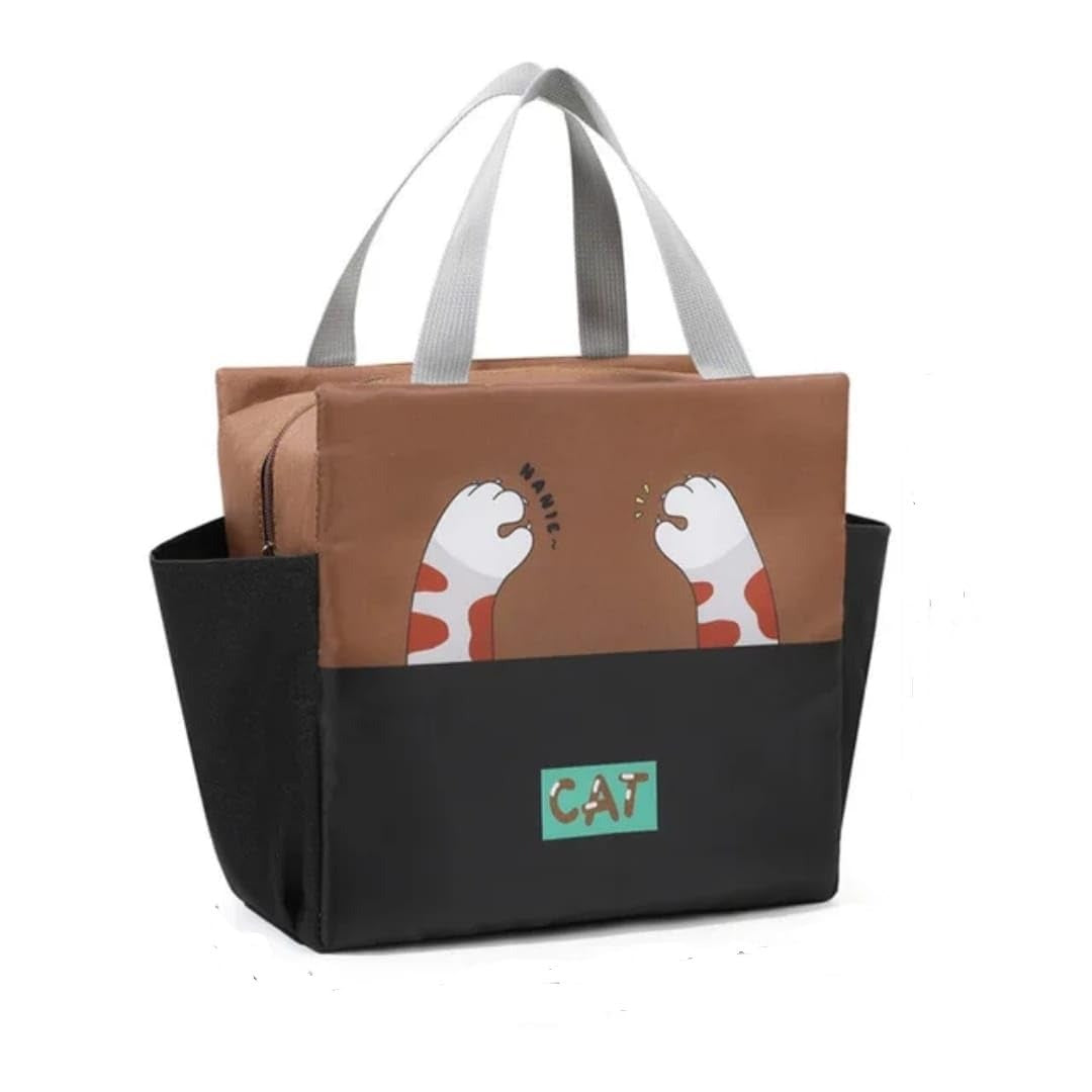 Brown cat-themed insulated bag for lunch, perfect for kids and everyday use.