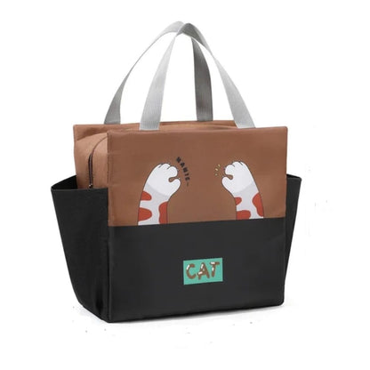 Brown cat-themed insulated bag for lunch, perfect for kids and everyday use.