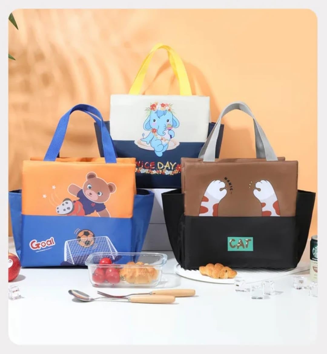Colorful insulated bag for lunch featuring cartoon animals, perfect for kids age 3 and up, ideal for school