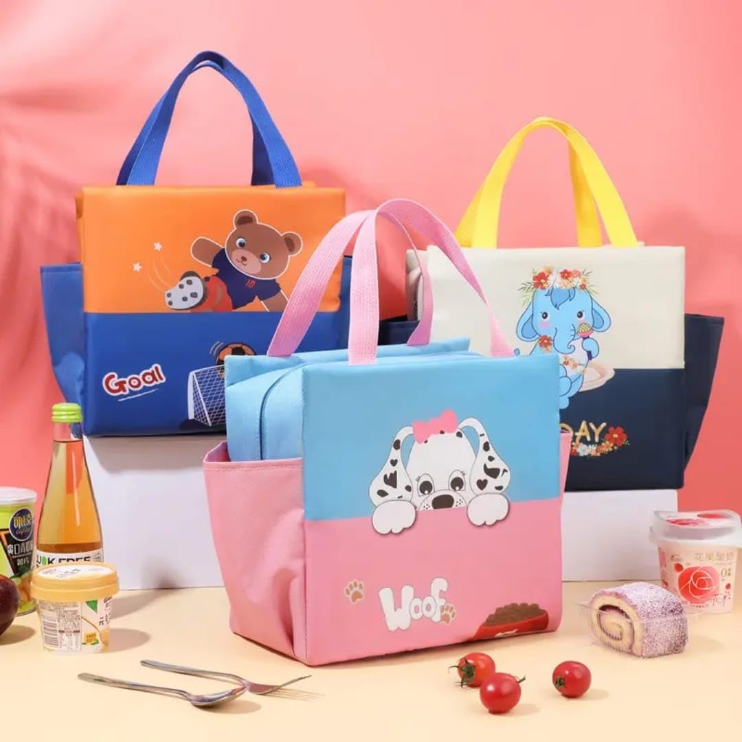 Assorted cute insulated bags for lunch featuring animal designs, perfect for kids age 3+, ideal for school or picnics