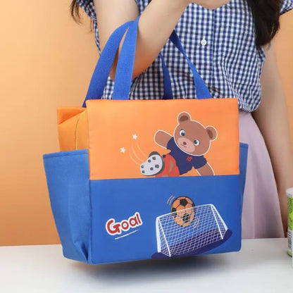 Colorful insulated bag for lunch featuring a soccer bear design, suitable for kids age 3 and up