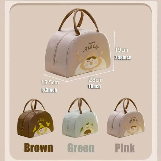 NIYO TOYS insulated bag for lunch in brown, green, and pink, designed for kids age 3 and up