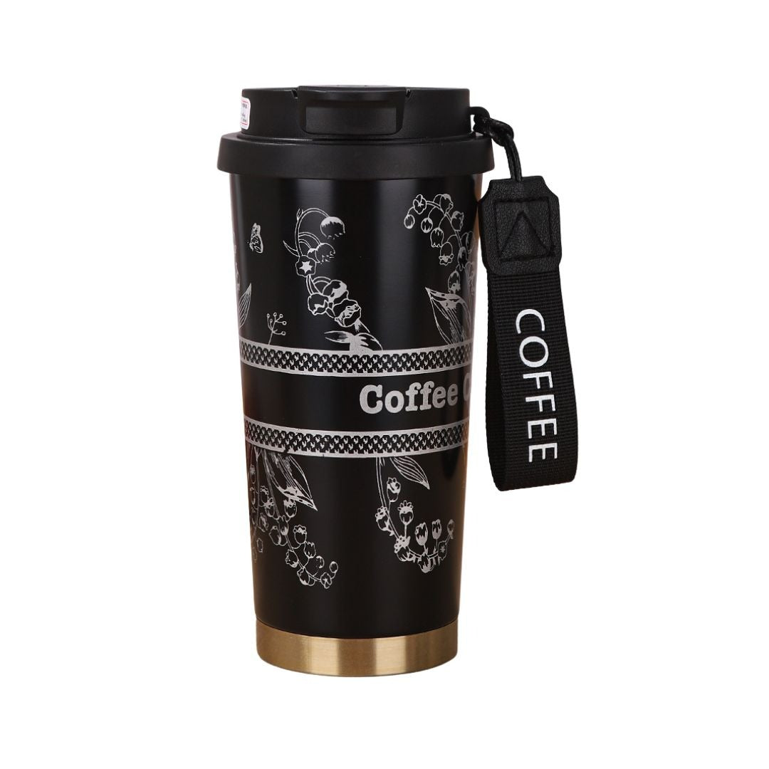 NIYO TOYS insulated coffee tumbler 500ml in black with stylish floral design and a carrying strap