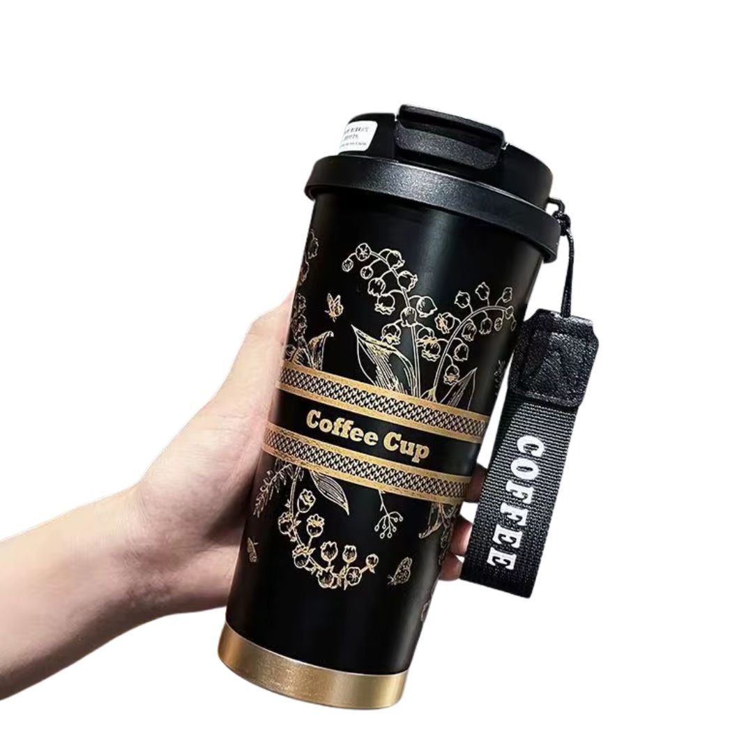 NIYO TOYS insulated coffee tumbler 500ml in black with floral design, great for adults on-the-go