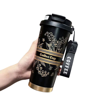 NIYO TOYS insulated coffee tumbler 500ml in black with floral design, great for adults on-the-go