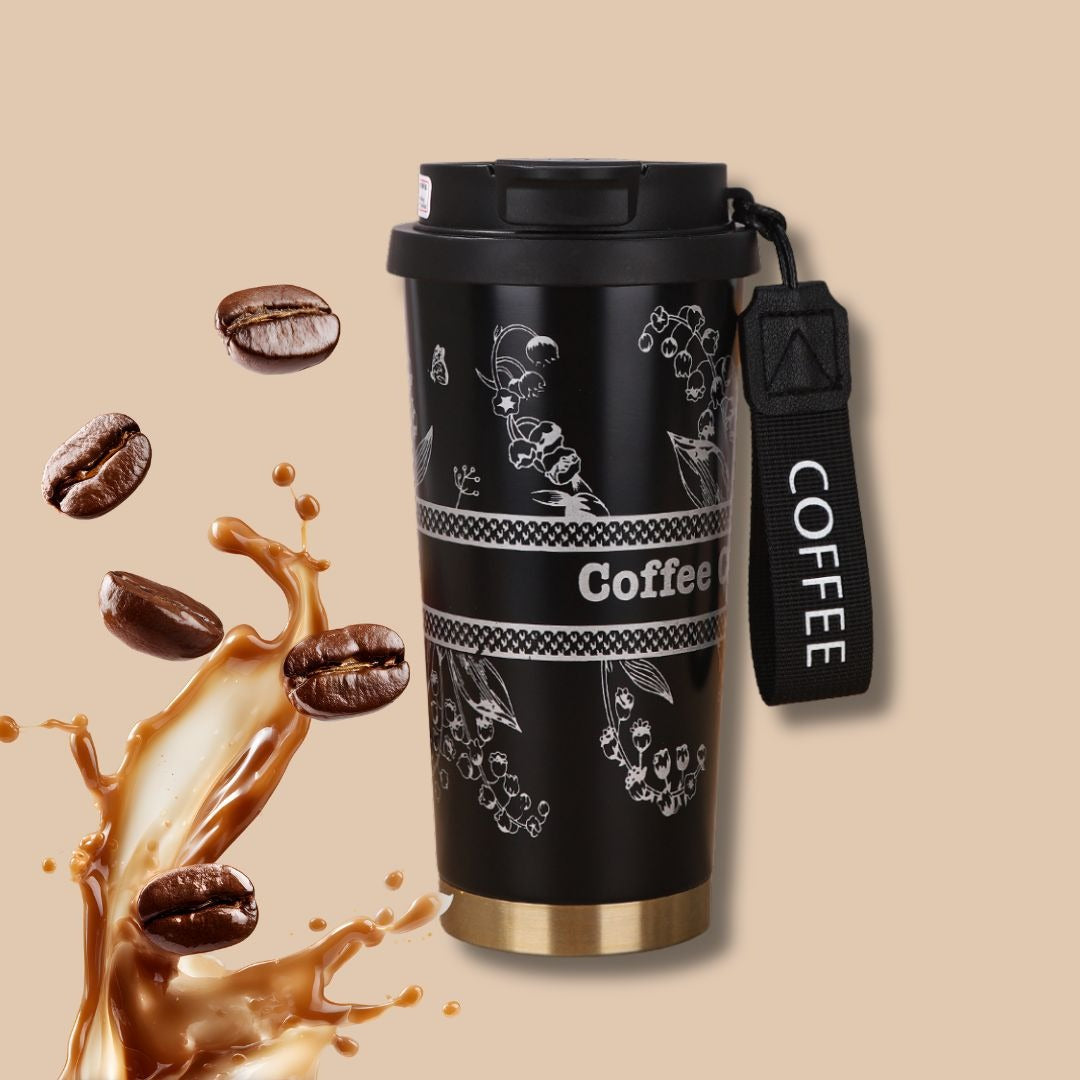 Black insulated coffee tumbler 500ml with coffee bean design, perfect for hot drinks on the go