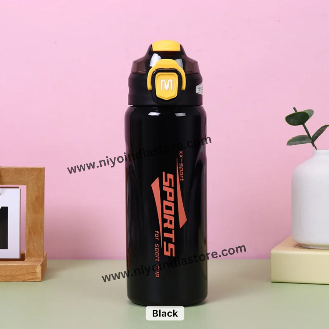 Black insulated stainless steel water bottle with sports design for hydration during outdoor activities