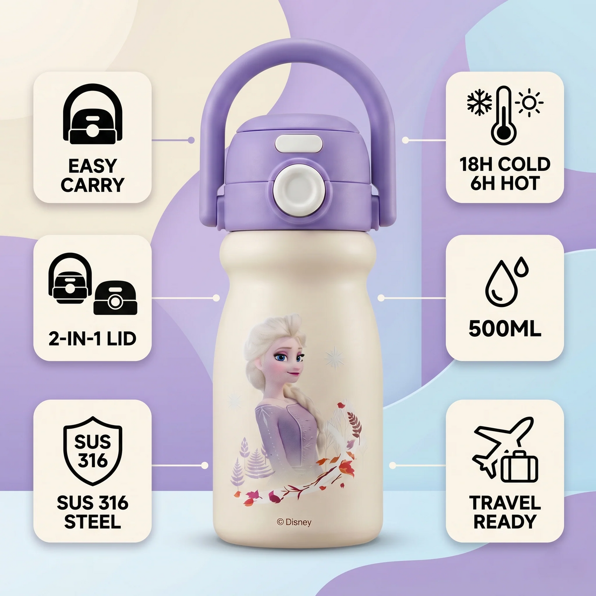 Disney Frozen insulated stainless steel water bottle, 500ml, easy carry for ages 3+, perfect for kids on the go
