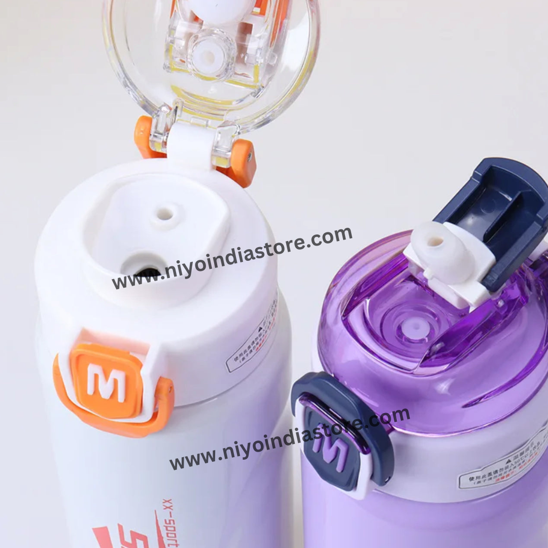 NIYO TOYS insulated stainless steel water bottle in white and purple for kids age 3+, perfect for school or outdoor use