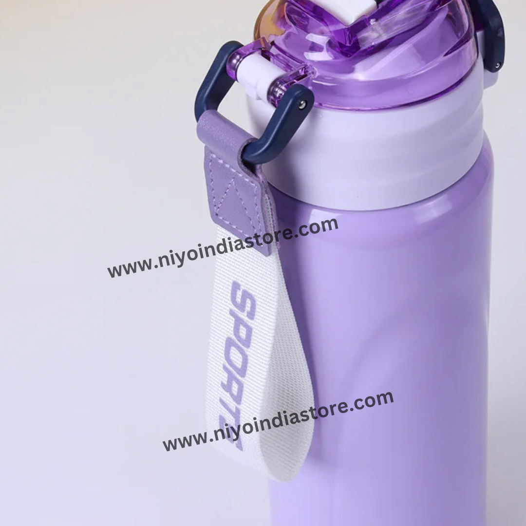 Purple NIYO TOYS insulated stainless steel water bottle with sport strap, ideal for kids and active use