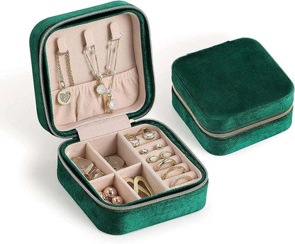 Green velvet jewelry case for travel with compartments for jewelry organization, ideal for ages 12 and up