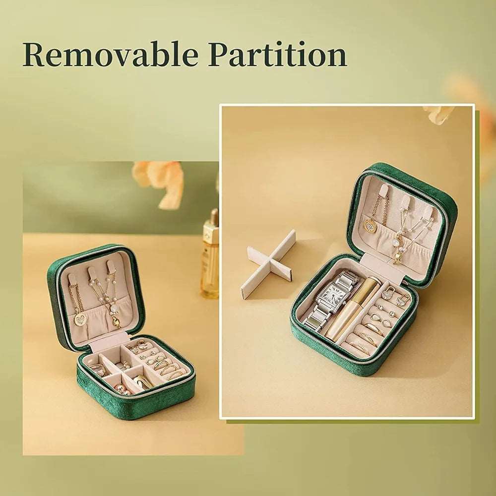Green NIYO TOYS jewelry case for travel with removable partition for organizing accessories