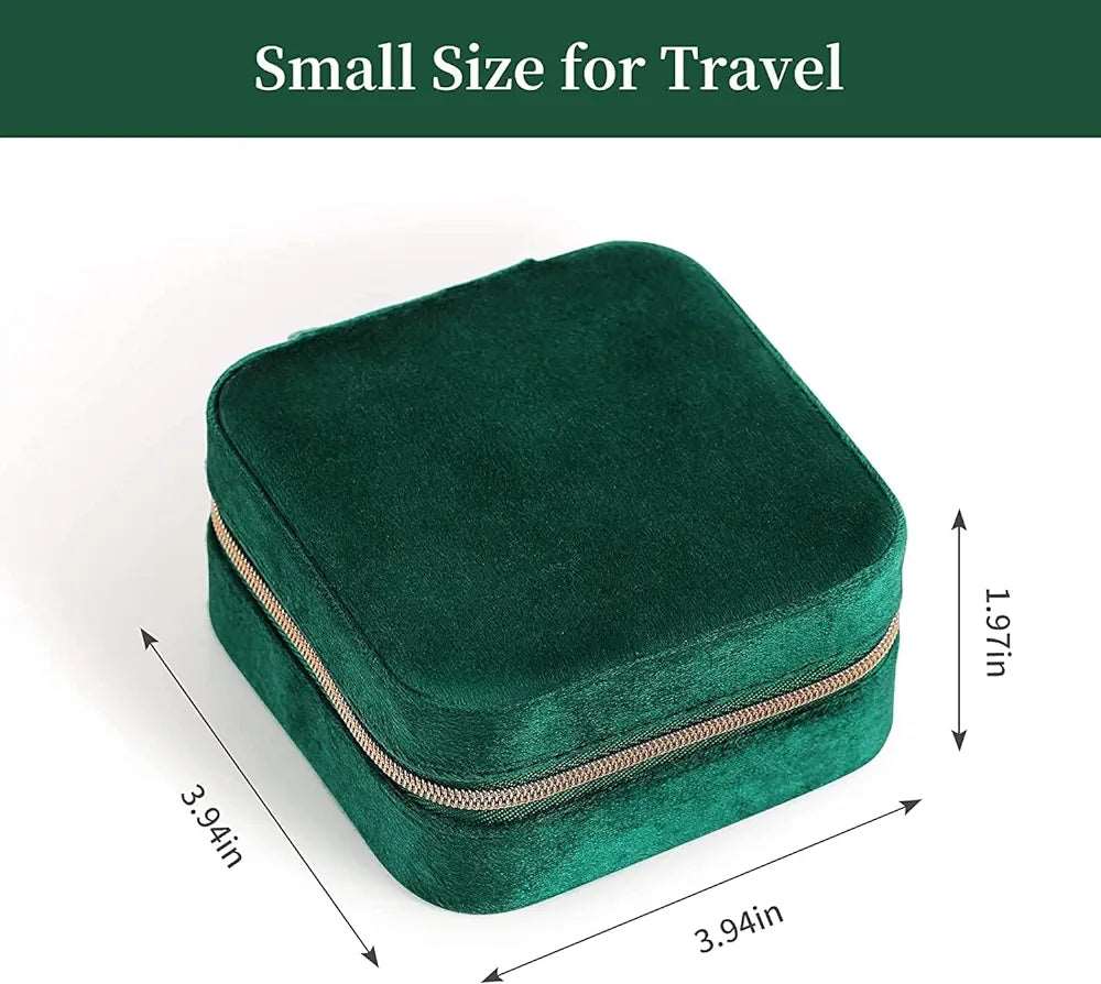 Green velvet jewelry case for travel, compact size for easy packing and organization
