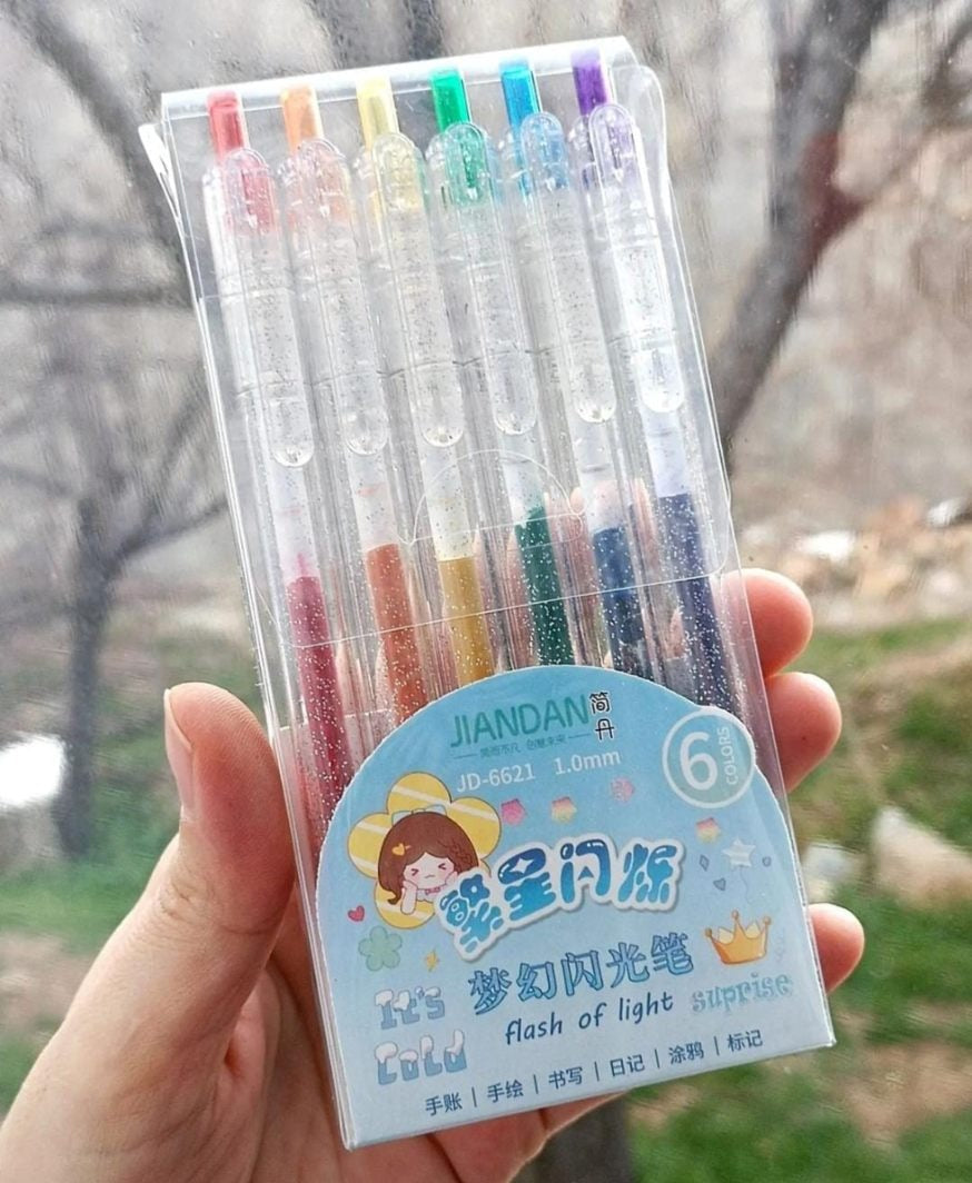 Set of 6 colorful gel pens with glitter for ages 6+, perfect for school projects and art crafts