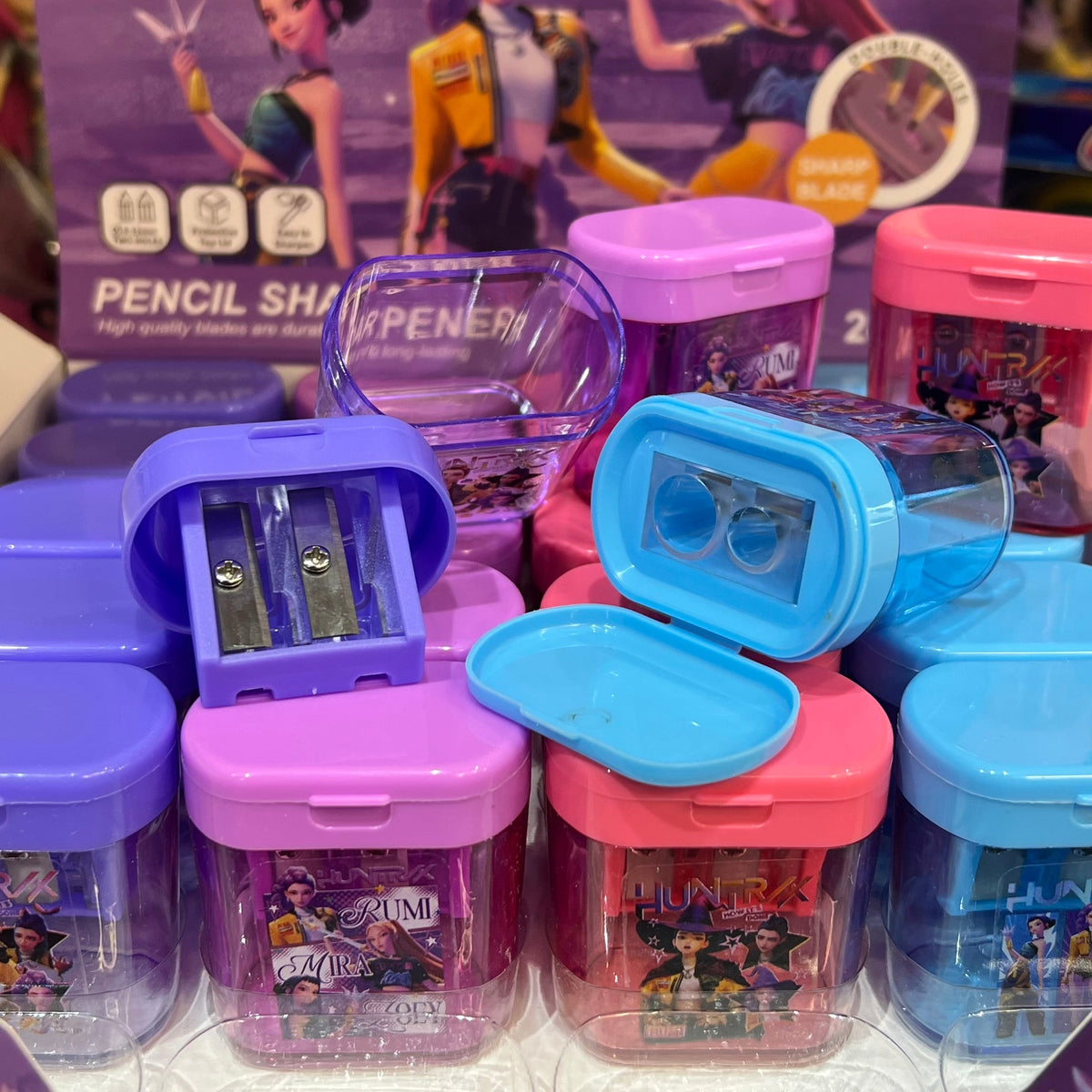 Colorful pencil sharpener set by NIYO TOYS featuring K-Pop demon hunters design, ideal for kids age 3 and up