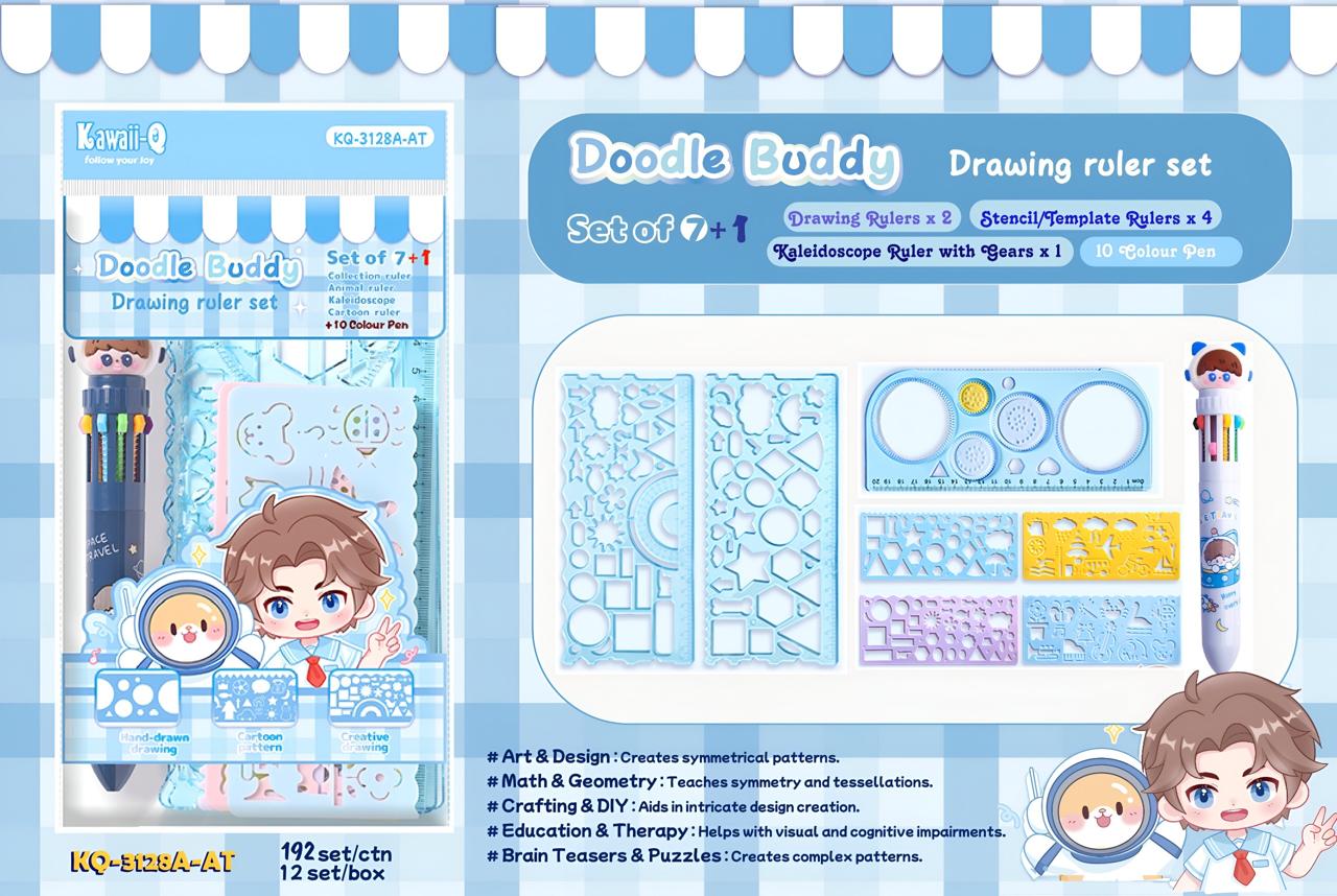 Doodle Buddy drawing ruler set for kids, includes 7 templates in light blue for creative projects age 3+
