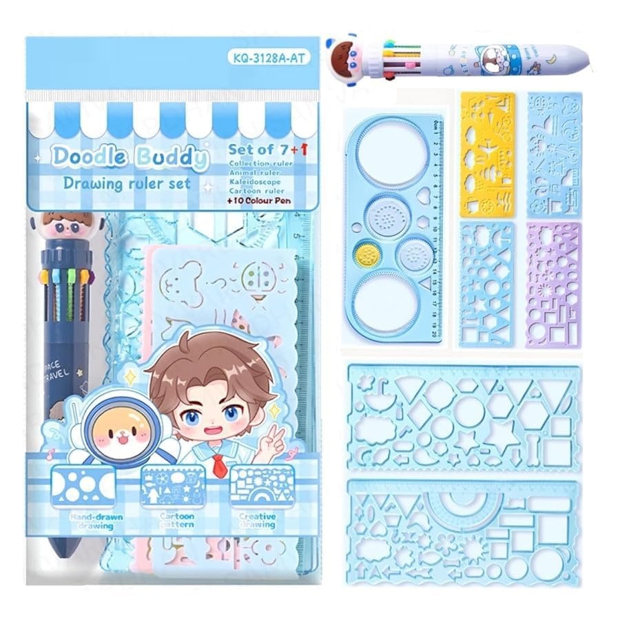 NIYO TOYS Doodle Buddy drawing ruler set for kids, blue color, includes templates and 10 color pens for creative play