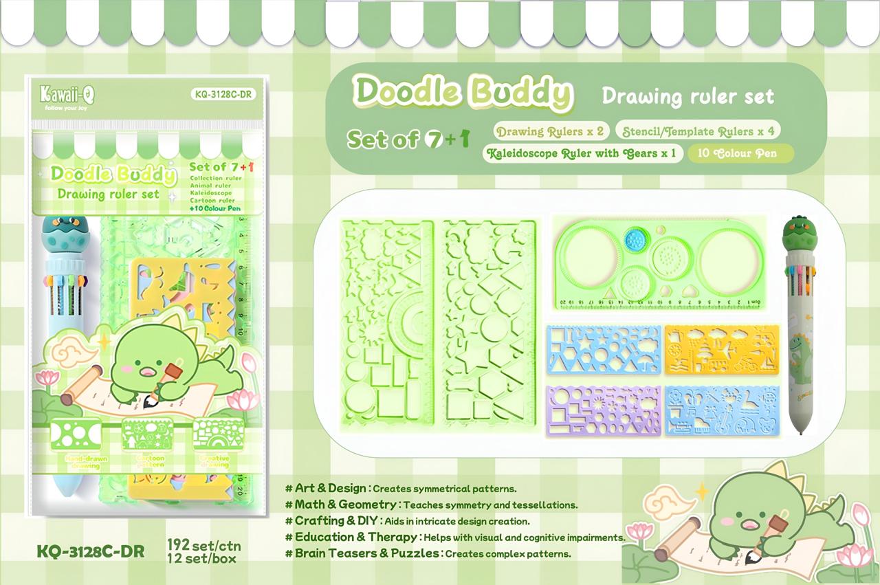 Green Doodle Buddy drawing ruler set for kids, age 3+, includes stencils and templates for fun art projects