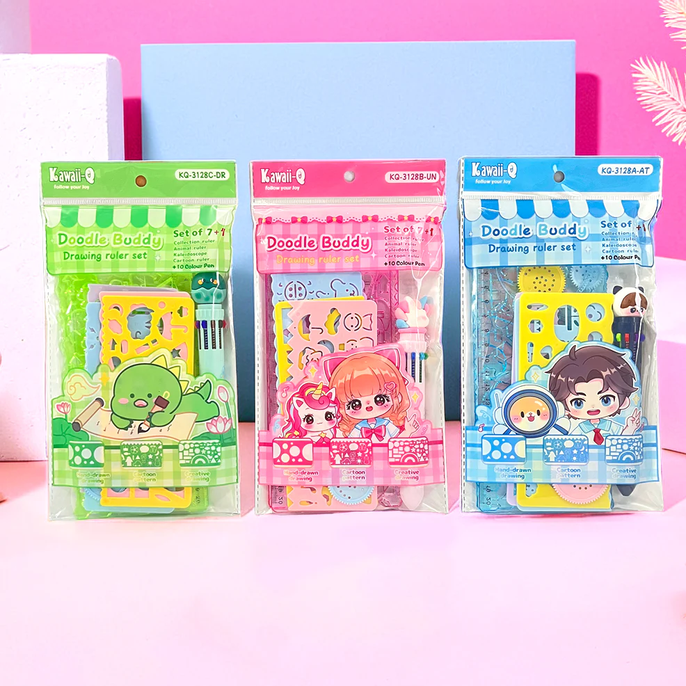 Colorful Doodle Buddy drawing ruler set for kids, includes fun designs for ages 3 and up, perfect for art projects