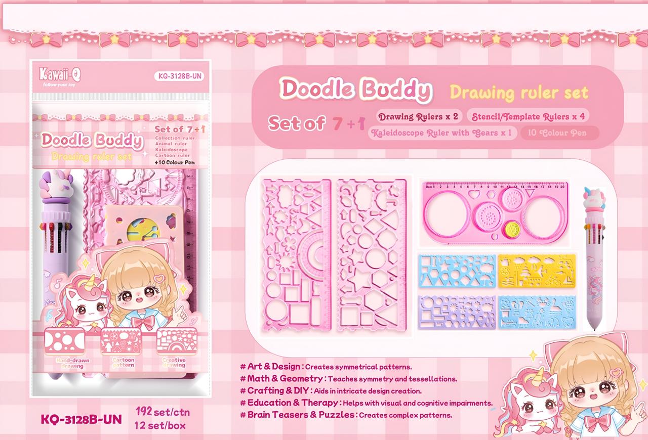 Pink Doodle Buddy drawing ruler set for kids, age 3+, for art and design projects