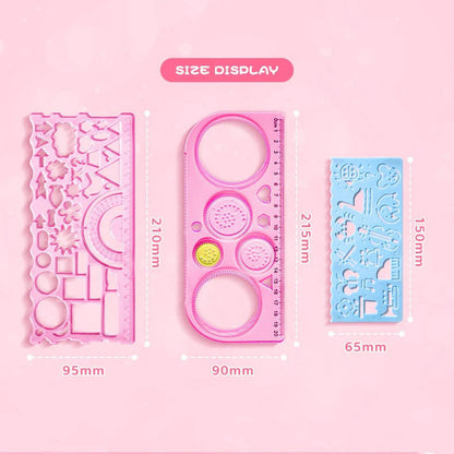Pink drawing ruler set for kids featuring various shapes, perfect for creative projects and ages 3 and up.