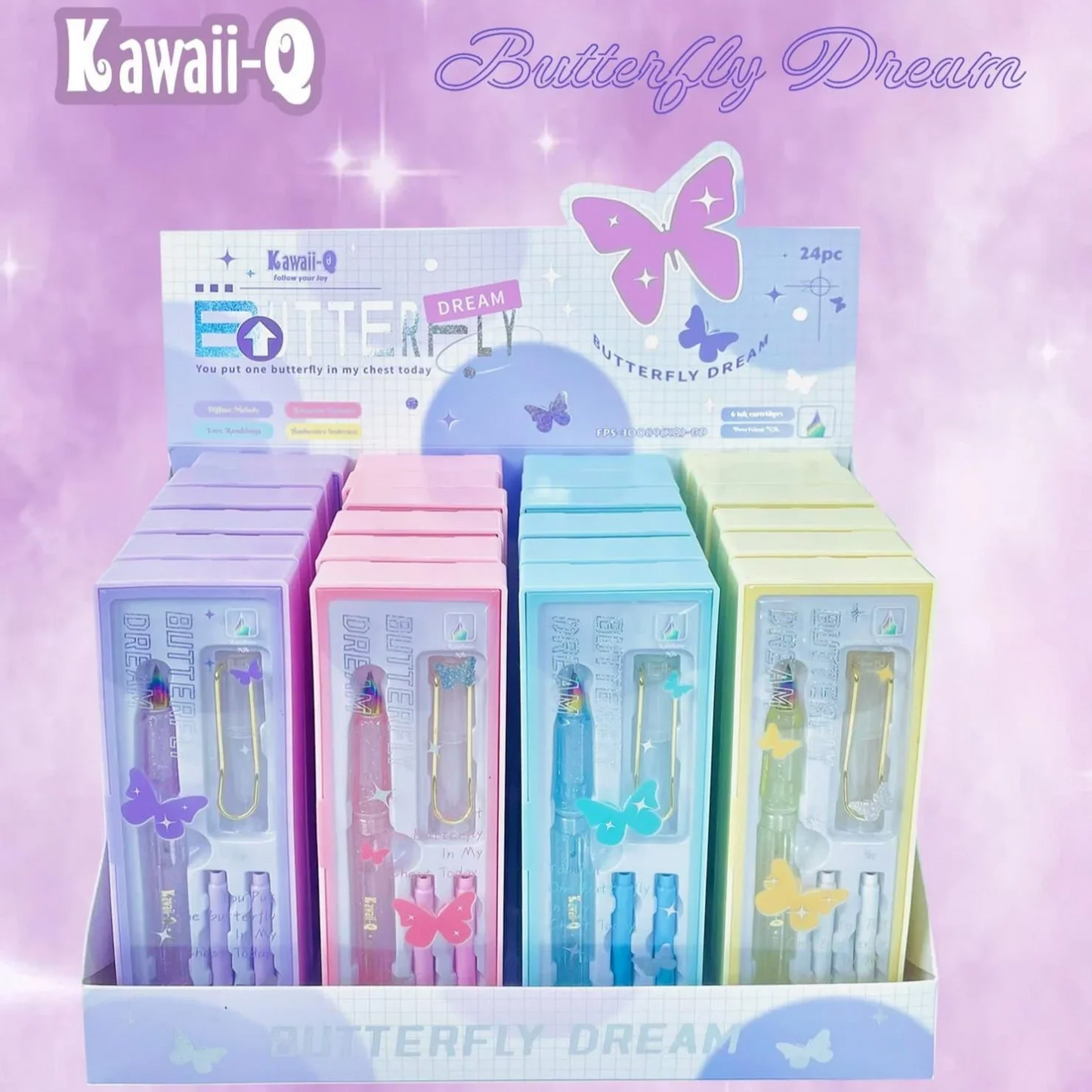 Display of colorful rainbow nib fountain pens for kids featuring butterfly designs, ideal for ages 5 and up