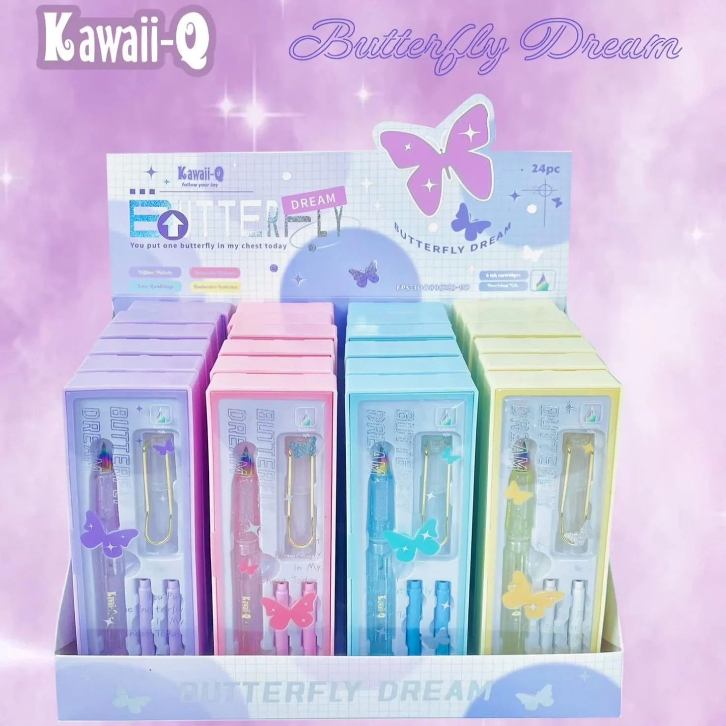 Display of colorful rainbow nib fountain pens for kids featuring butterfly designs, ideal for ages 5 and up