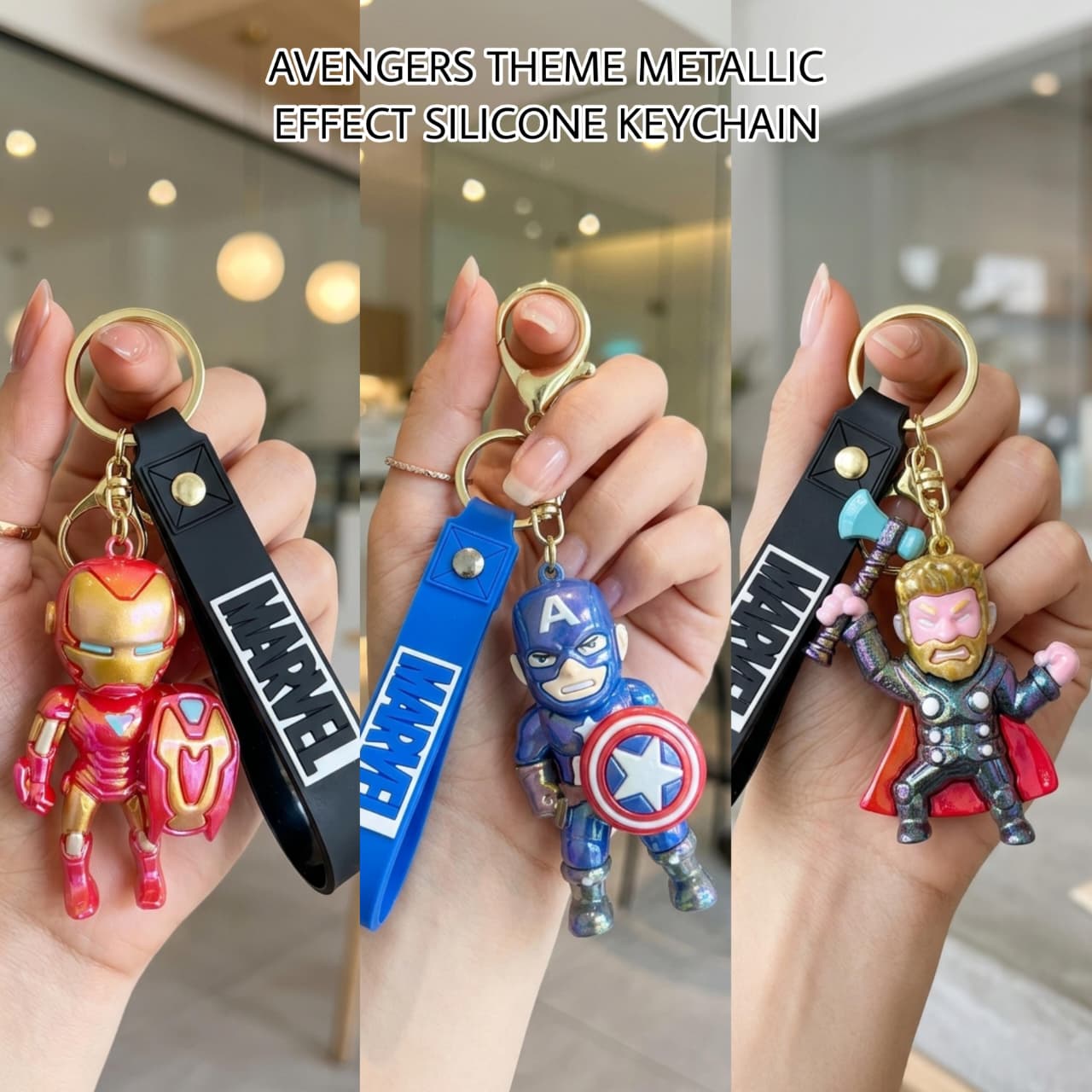 Avengers theme metallic effect keychain featuring Iron Man, Captain America, and Thor for fans of all ages