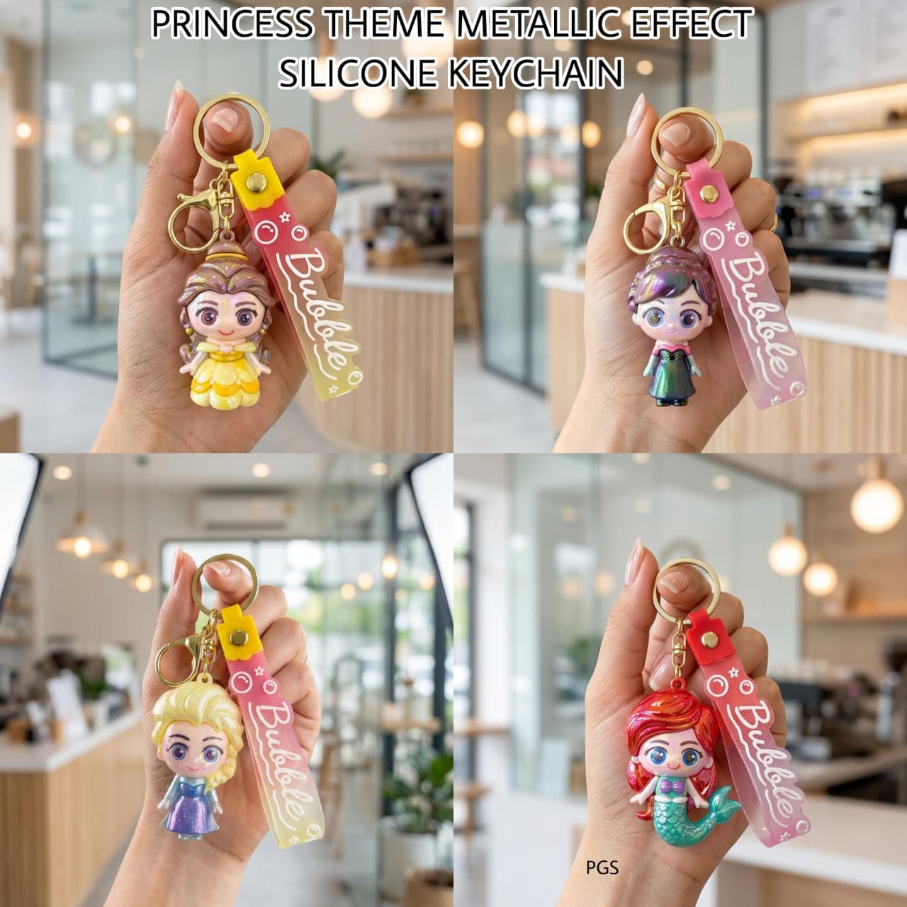 Princess theme metallic effect silicone keychain featuring colorful characters, age 5+, perfect for kids