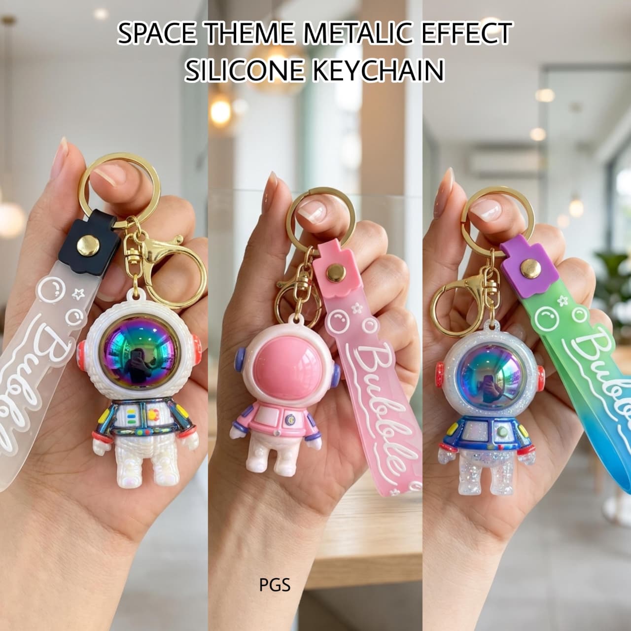 Space theme metallic effect keychain featuring a 3D printed astronaut design for all ages
