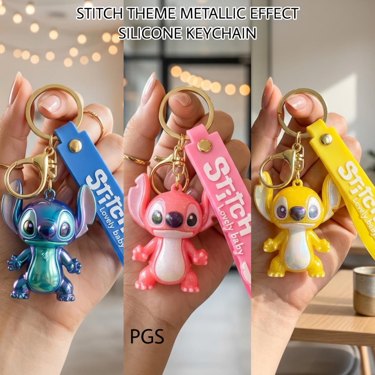 Stitch theme metallic effect silicone keychain with blue, pink, and yellow variants, ideal for all ages