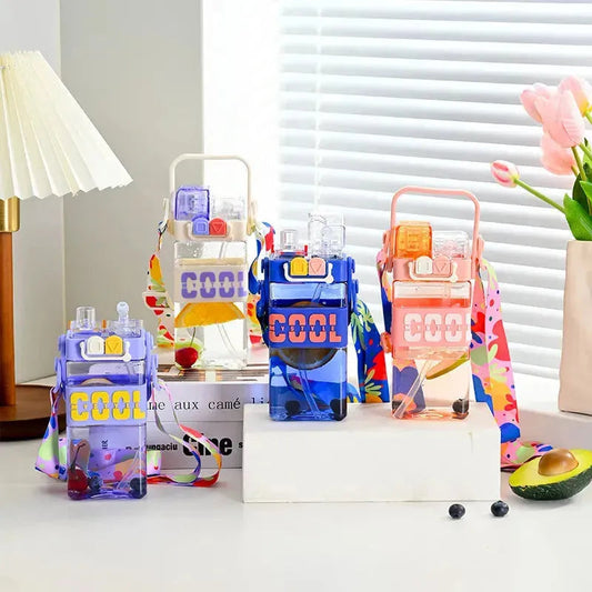 Colorful 2 in 1 kids water bottle with sturdy design and adjustable strap for school or sports