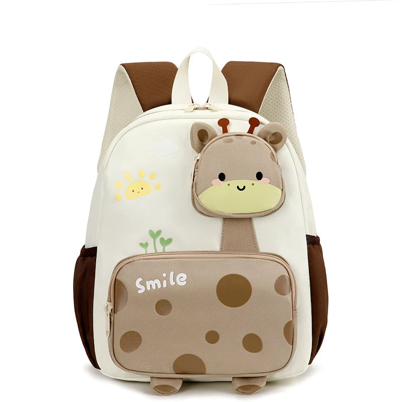NIYO TOYS kids backpack in white and brown with giraffe design, suitable for ages 3 and up, perfect for school