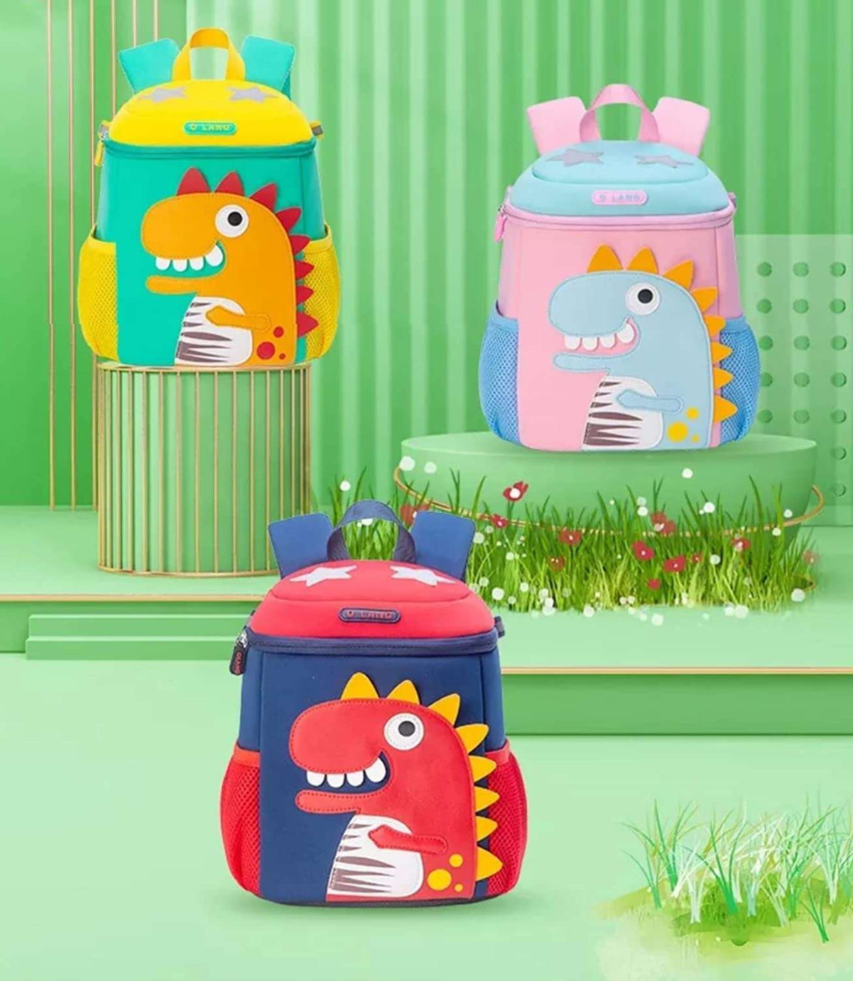 Colorful NIYO TOYS kids backpack featuring cute dinosaur designs for ages 3 and up, perfect for school or outings