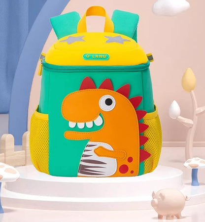 Colorful dinosaur kids backpack in green and yellow for ages 3+ with spacious compartments