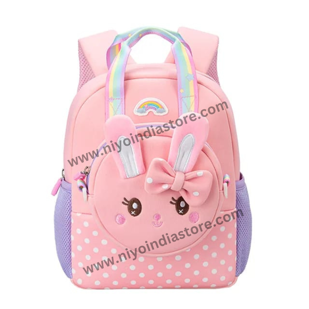 Pink bunny kids backpack with polka dots and bow, ideal for ages 3 and up, perfect for school use