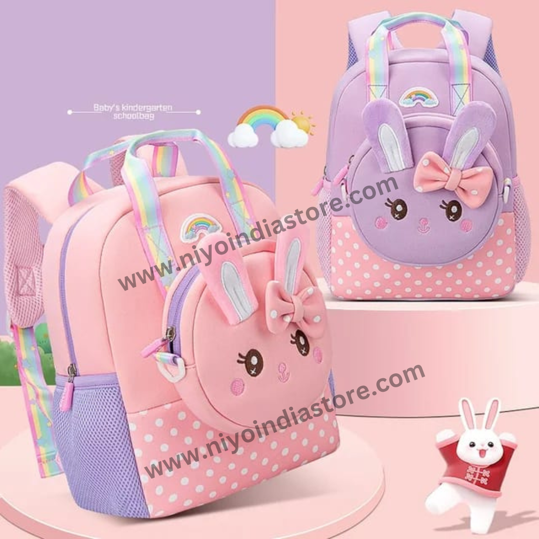 Kids backpack featuring a cute bunny design in pink and purple, suitable for toddlers and preschoolers
