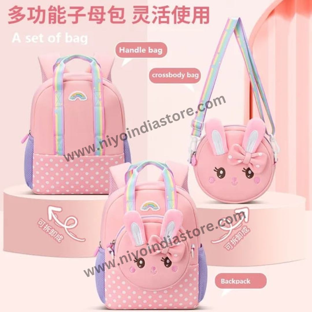 Pink bunny kids backpack set with handle bag and crossbody bag, perfect for ages 3 and up