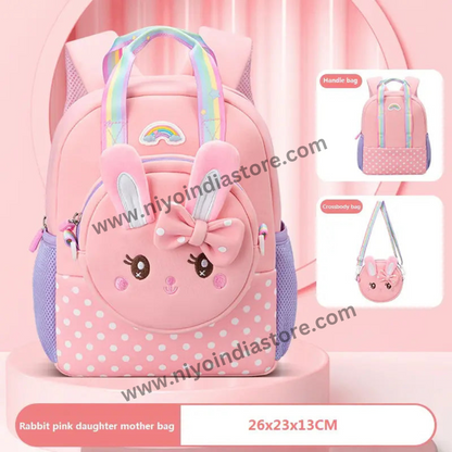 Cute rabbit pink kids backpack by NIYO TOYS with bow detail and adjustable straps for ages 3 and up