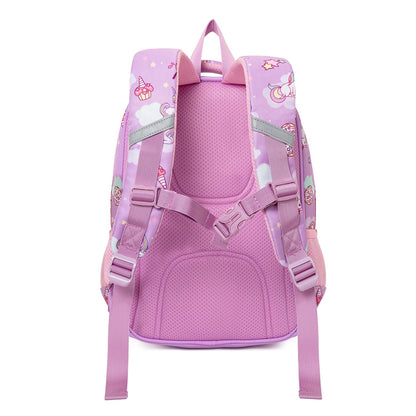 Purple kids backpack with cute unicorn design, suitable for children ages 3 and up, perfect for school or play